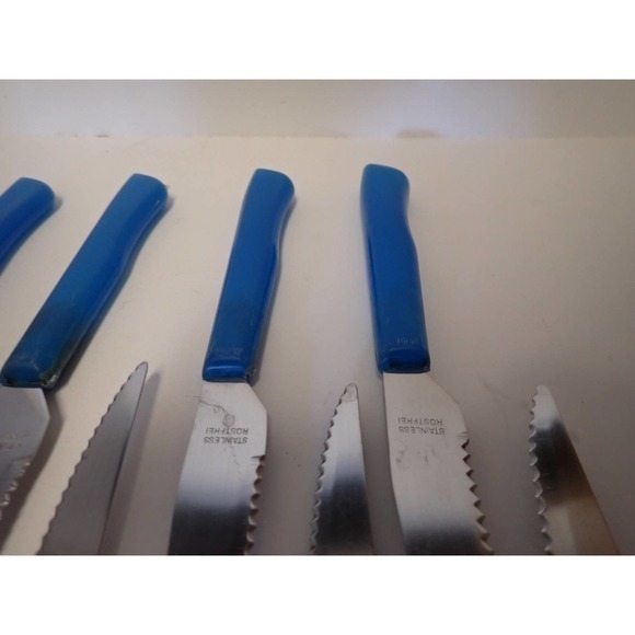 Vintage Rostfrei Blue plastic Lucite‎ maybe Handle  9 Steak Knives - Picture 7 of 9